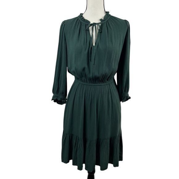 Knox Rose Women's Dress XS Green Tie Neck Tiered 3/4 Sleeve Boho Knee Length - Picture 2 of 11